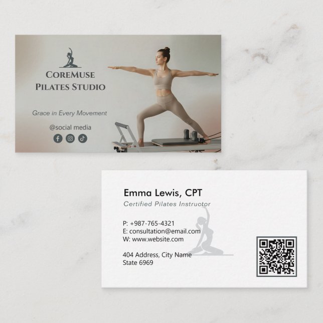 Tarjeta De Visita Pilates Studio Business | Natural Gray (Anverso / Reverso)