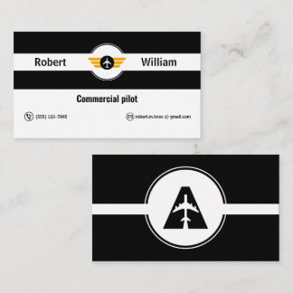Tarjeta De Visita Piloto Aviador Comercial Moderno Blanco y Negro