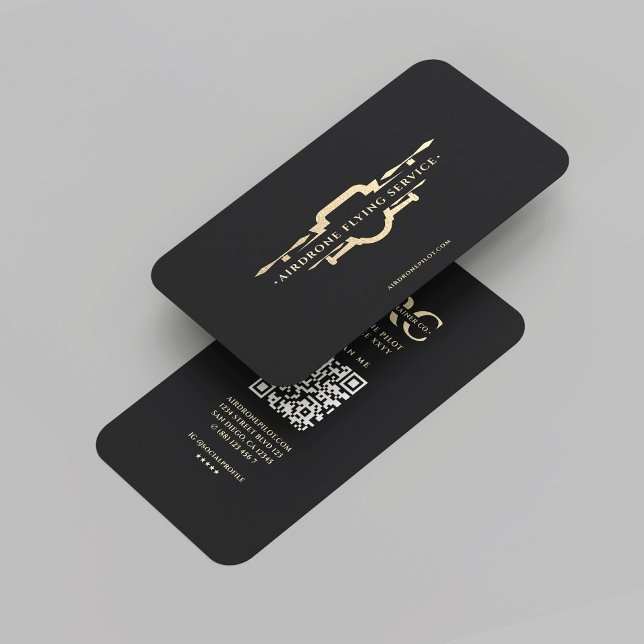 Tarjeta De Visita Piloto de drones monograma de oro negro moderno (Modern Black Gold Monogram Drone Pilot Business Card
)