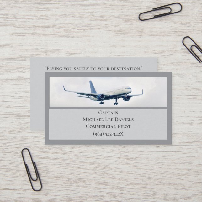 Tarjeta De Visita Piloto del capitán del avión blanco gris (Anverso/Reverso In Situ)