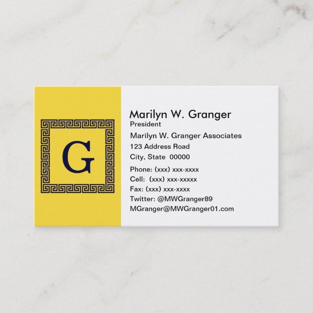 Tarjeta De Visita Piña, llave griega azul de la marina #1 monograma  (Anverso)