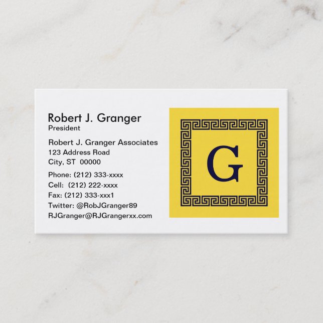 Tarjeta De Visita Piña, llave griega azul de la marina #1 monograma  (Anverso)