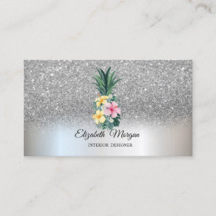 Tarjeta De Visita Piña Tropical Flores Elegante Brillo Plateado