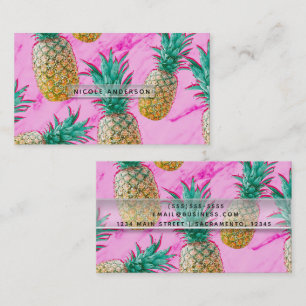 Tarjeta De Visita Piñas Tropicales y Mármol Rosa Chic Brillante
