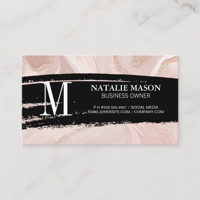 Tarjeta De Visita Pincel negro monograma | Pink Marble Gold Flake (Anverso)