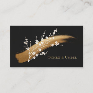 Tarjeta De Visita Pincelada de Oro Floral Blanco Negro Elegante