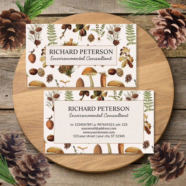 Tarjeta De Visita Pineconas de época, hojas, bosque de champiñones (Front and Back)