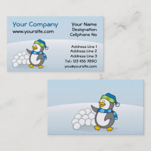Tarjeta De Visita Pingüino pequeño con bolas de nieve ondeando