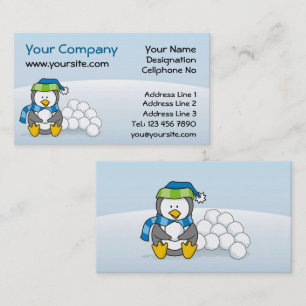 Tarjeta De Visita Pingüino pequeño sentado con bolas de nieve