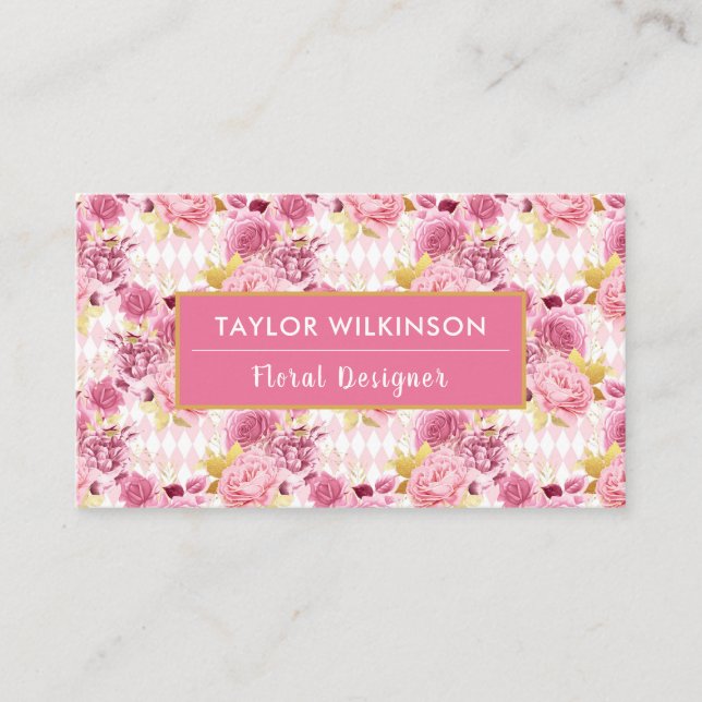 Tarjeta De Visita Pink and Gold Floral Roses with Harlequin Diamonds (Anverso)