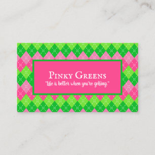Tarjeta De Visita Pink and Green Argyle White Stitling Preppy Golf