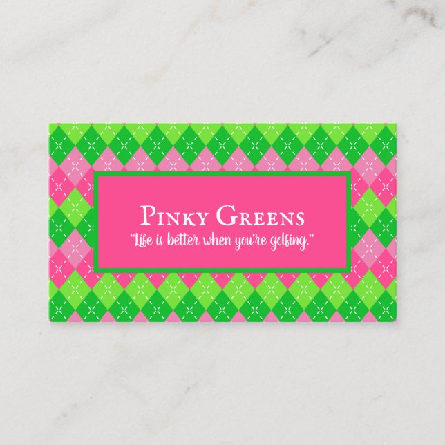 Tarjeta De Visita Pink and Green Argyle White Stitling Preppy Golf (Anverso)