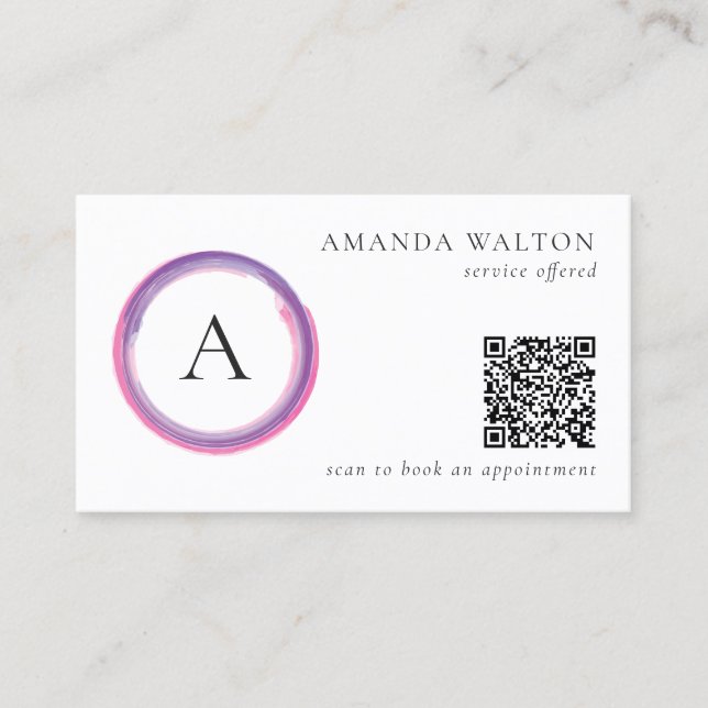 Tarjeta De Visita Pink and Purple Monogram QR Code Modern (Anverso)