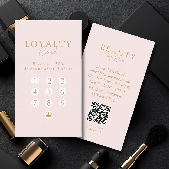 Tarjeta De Visita Pink & Beige-Gold  Minimal Salon QR Code Loyalty (Pink & Beige-Gold Minimal Salon QR Code Loyalty Business Card)