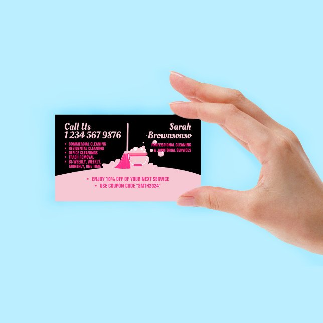 Tarjeta De Visita Pink Black Cleap Service Maid Janitorial Coupon (Pink Black Cleaning Service Maid Janitorial Coupon Business Card)