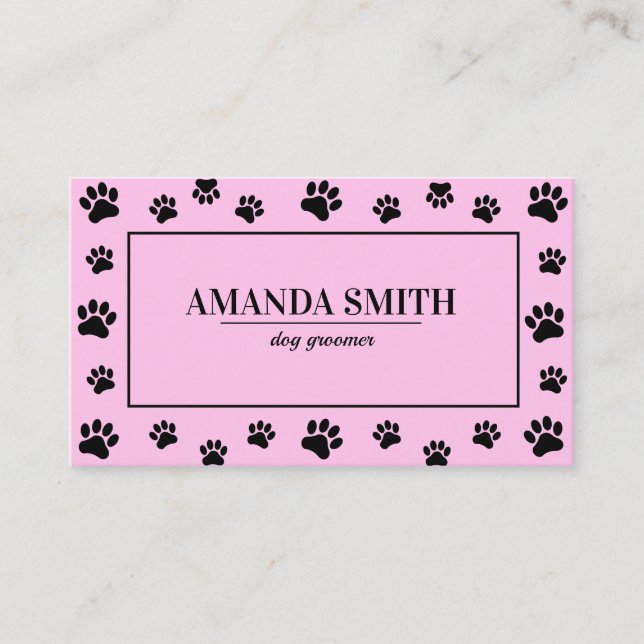 Tarjeta De Visita Pink & Black Paw Prints Dog Groomer Business Card (Anverso)
