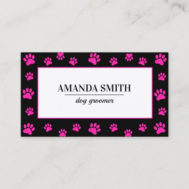 Tarjeta De Visita Pink & Black Paw Prints Dog Groomer Business Card (Anverso)