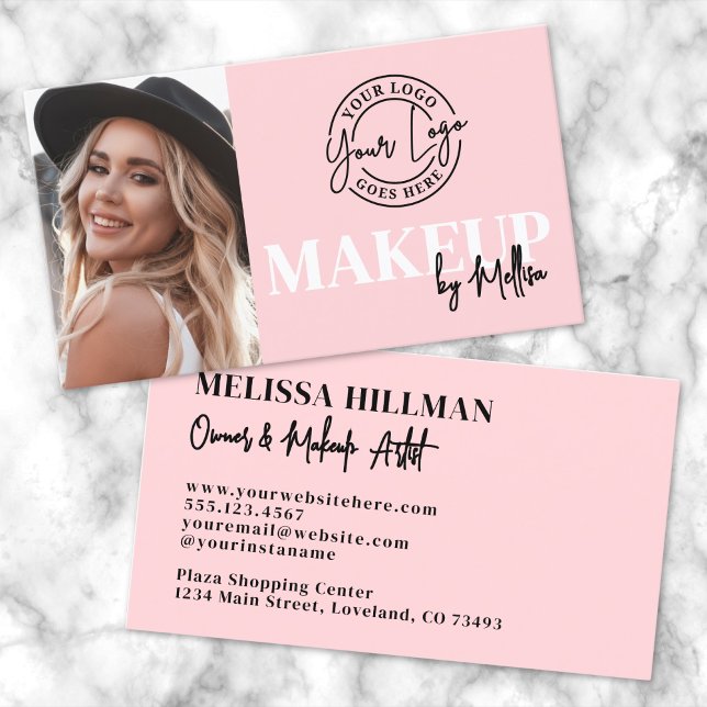 Tarjeta De Visita Pink Black Photo Logo Makeup (Pink Black Script Photo Logo Makeup Business Card )