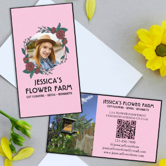 Tarjeta De Visita Pink & Black QR Code Professional 2 Photo Floral