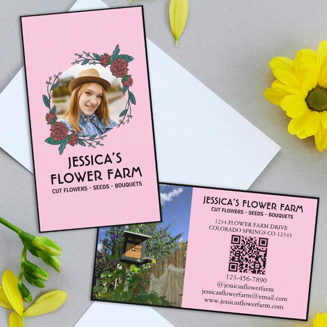 Tarjeta De Visita Pink & Black QR Code Professional 2 Photo Floral (Subido por el creador)