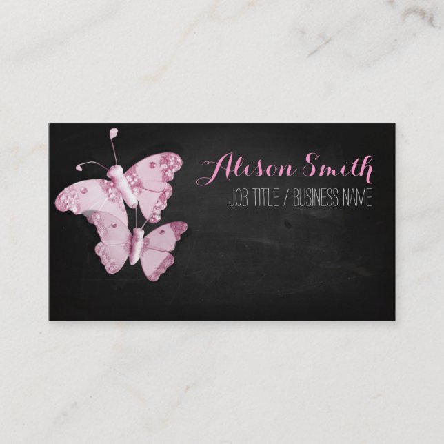 Tarjeta De Visita Pink Butterflies on black chalkboard (Anverso)