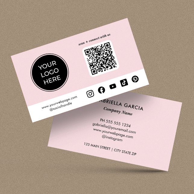 Tarjeta De Visita Pink Custom Social Media QR Code Logo (Card is shown in 3.5 x 2 inches with square corners. Personalize, choose size, paper style + corner.)