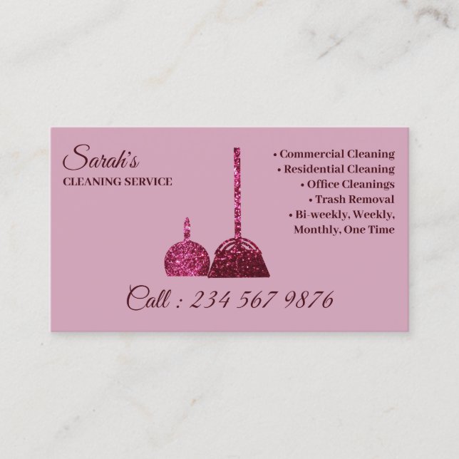Tarjeta De Visita Pink Dark Bright Cleaning Service Janitorial (Anverso)