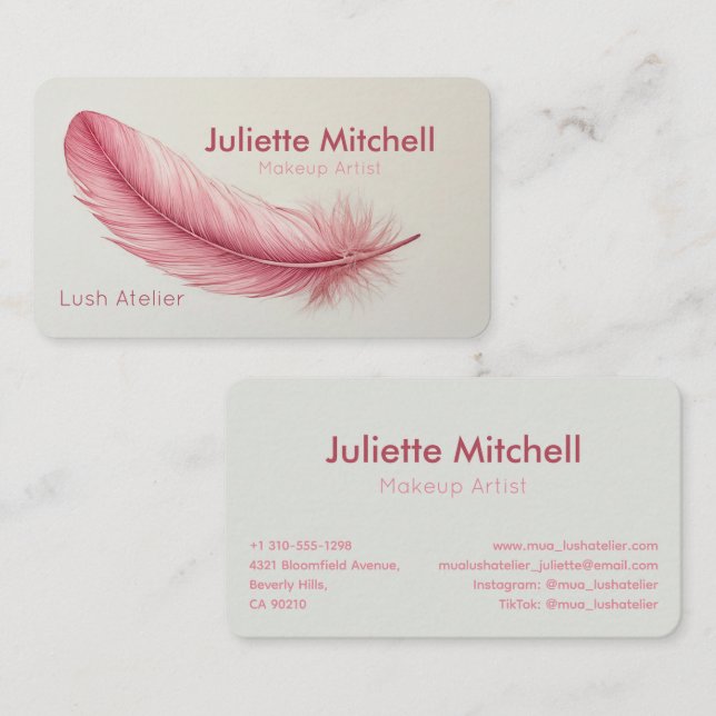 Tarjeta De Visita Pink Feather Minimalist Makeup Artist (Anverso / Reverso)