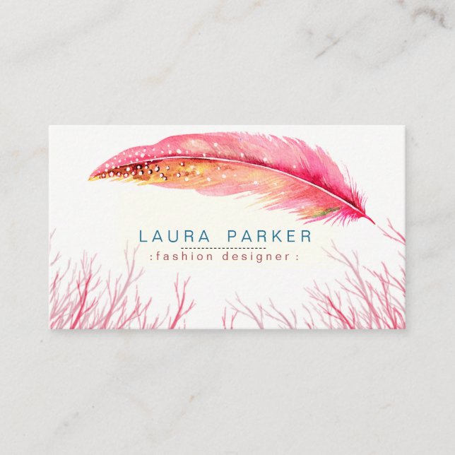 Tarjeta De Visita Pink Feather Watercolor Boho Girly Moda (Anverso)