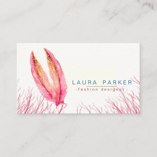 Tarjeta De Visita Pink Feathers Watercolor Boho Girly Moda (Anverso)
