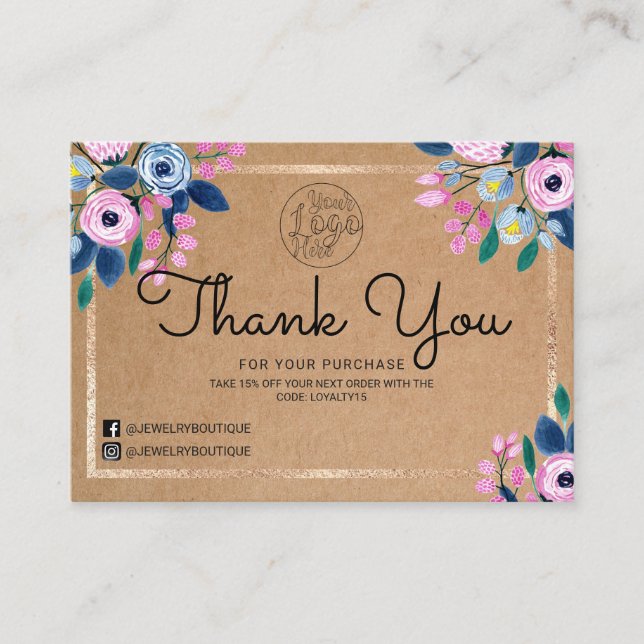 Tarjeta De Visita Pink Floral Gold Watercolor (Anverso)