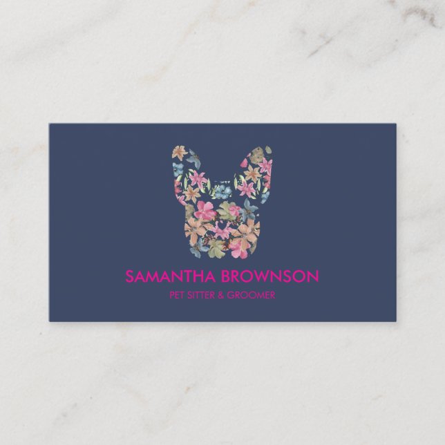 Tarjeta De Visita Pink Flower Blue French Bulldog | Cute Pet-Themed (Anverso)