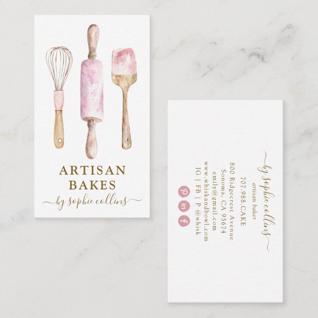 Tarjeta De Visita Pink Gold Watercolor Baker Pastry Chef (Anverso / Reverso)