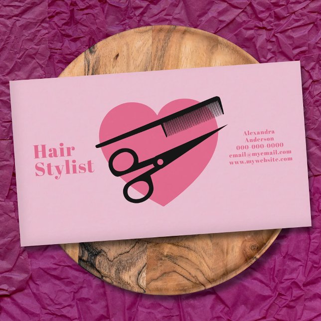 Tarjeta De Visita Pink Heart - Hair Stylist (Pink Heart - Hair Stylist Business Card)