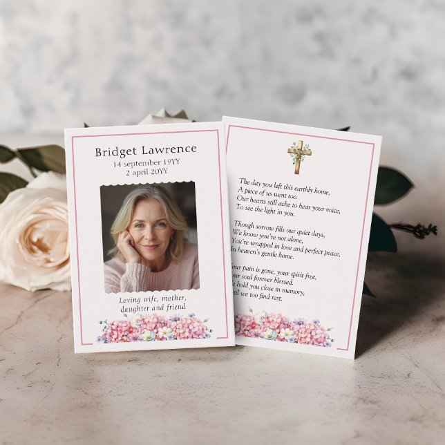 Tarjeta De Visita Pink Hydrangea Memorial Photo Prayer Card (Subido por el creador)