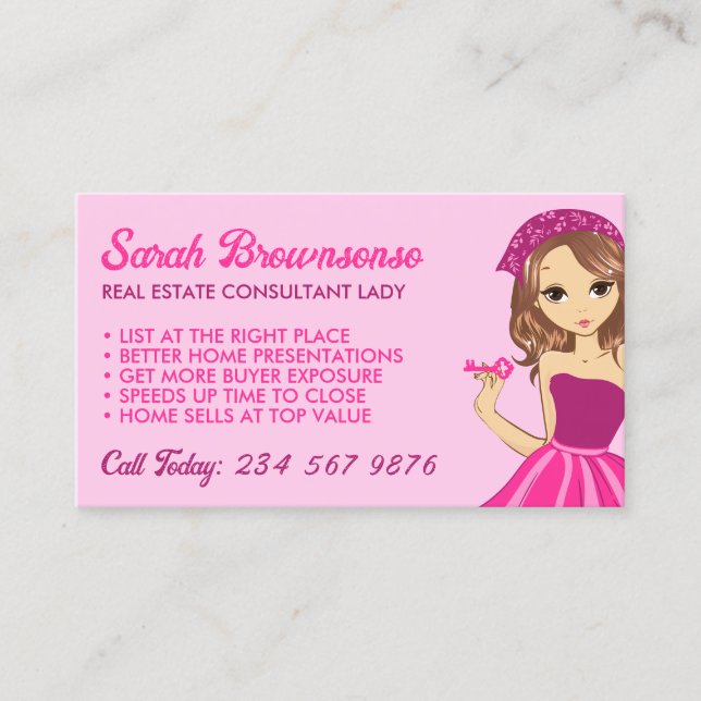 Tarjeta De Visita Pink Lady Cartoon Elegant Mortgage Broker Realtor (Anverso)