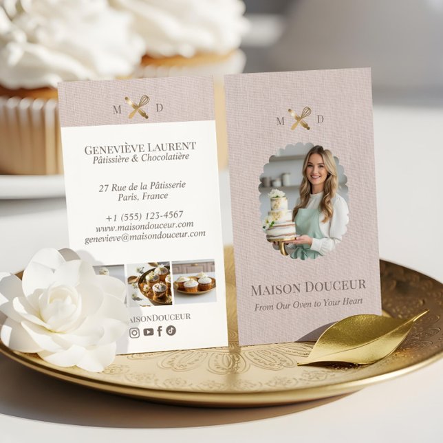 Tarjeta De Visita Pink Linen Elegant Chic Bakery Gold Whisk Photo  (Pink Linen Elegant Chic Bakery Gold Whisk Photo Business Card)