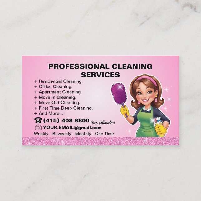 Tarjeta De Visita Pink Maid Janitorial Lady House Cleaning Service (Anverso)