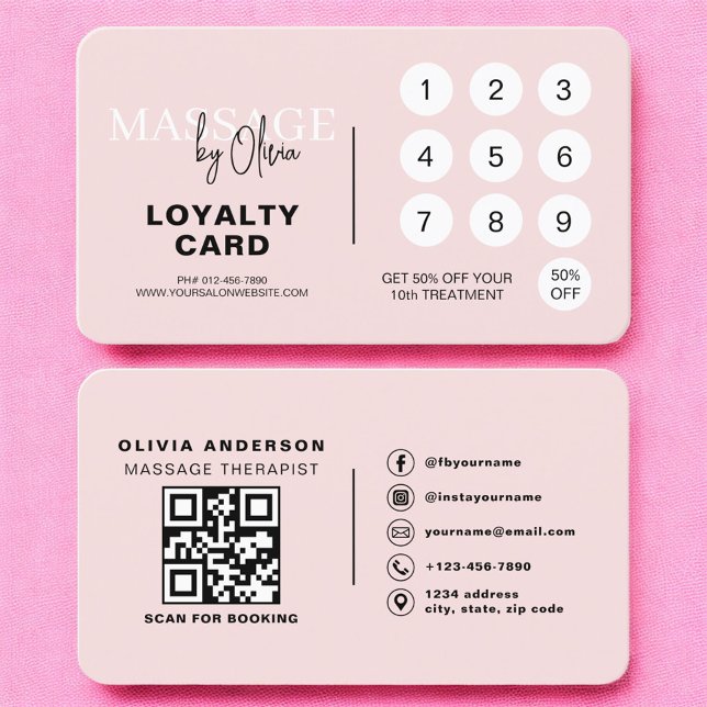 Tarjeta De Visita Pink Massage Therapy Loyalty Card with QR Code (Subido por el creador)
