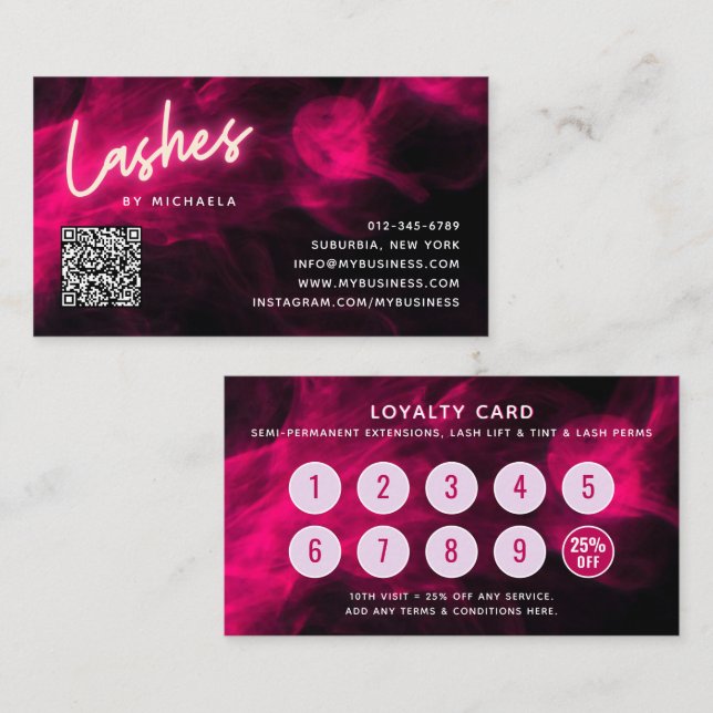 Tarjeta De Visita Pink Neon & Smoke Lash Salon QR Code Loyalty Card (Anverso / Reverso)