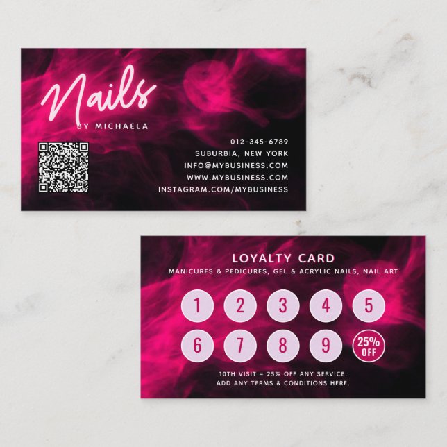 Tarjeta De Visita Pink Neon & Smoke Nail Salon QR Code Loyalty Card (Anverso / Reverso)