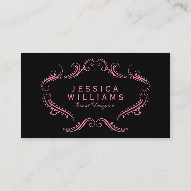 Tarjeta De Visita Pink On Black Ornate Floral Frame (Anverso)