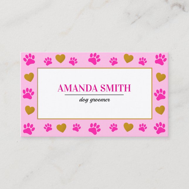 Tarjeta De Visita Pink Paw Prints Heart Dog Groomer Business Card (Anverso)