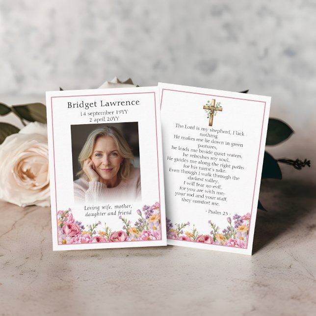 Tarjeta De Visita Pink Peonies Memorial Photo Psalm 23 Prayer Card (Subido por el creador)