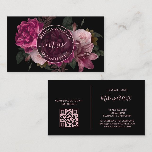Tarjeta De Visita Pink Peony Flower Black Logo (Anverso / Reverso)