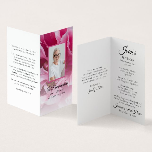 Tarjeta De Visita Pink Peony Flower Funeral Service Memorial (Interior y exterior)