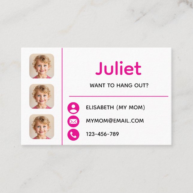 Tarjeta De Visita Pink Photo Kids Playdate Card (Anverso)