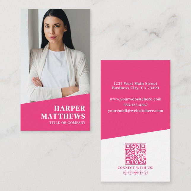 Tarjeta De Visita Pink Photo QR Code Vertical (Anverso / Reverso)