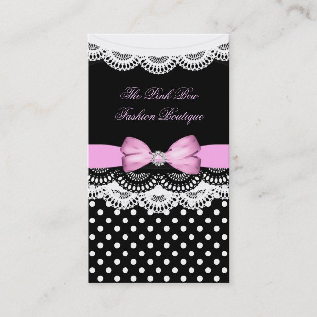 Tarjeta De Visita Pink Polka Dot Rosa Black Lace White Diamond Bow (Anverso)
