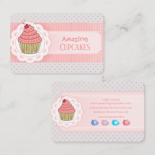 Tarjeta De Visita Pink Polka Dots Stripes Cupcake (Anverso / Reverso)